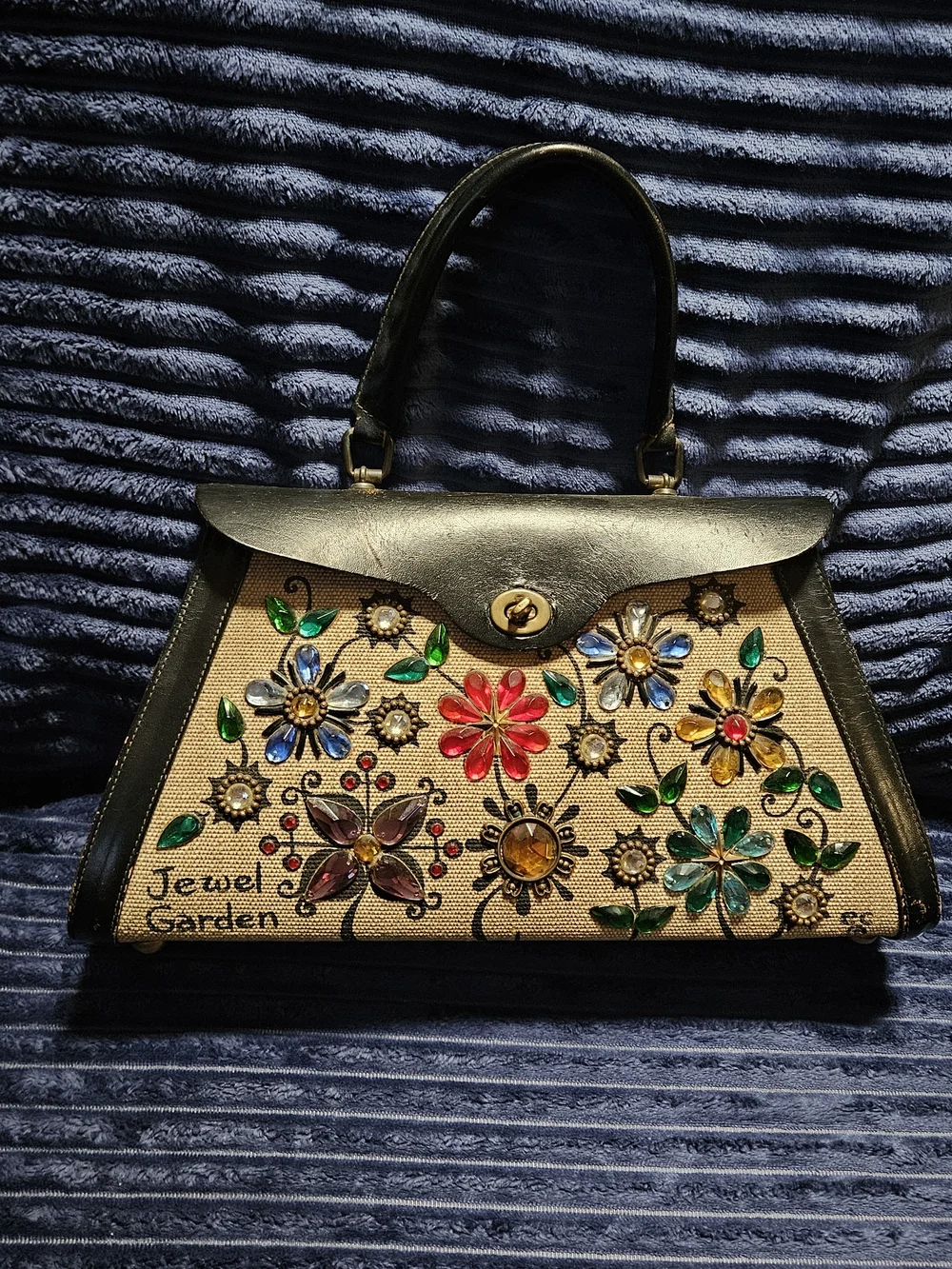 Jewel Garden Floral Embellished Black & Natural Top-Handle Bag